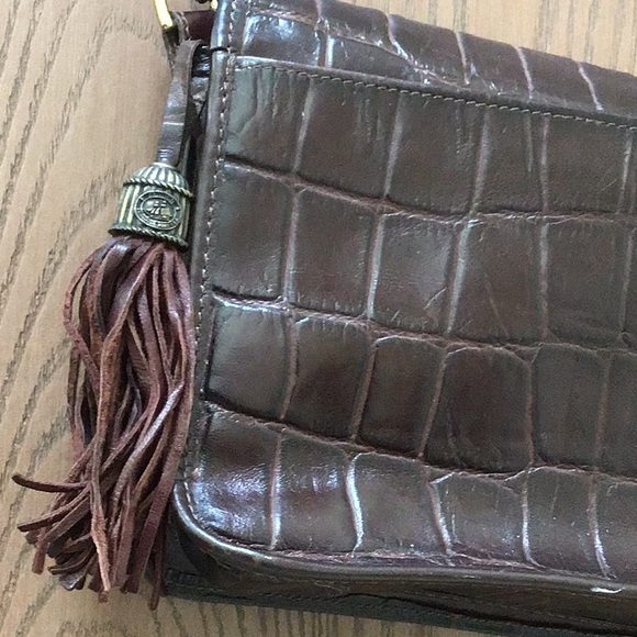 Brahmin brown leather shoulder bag croc print, adjust strap tassel, sz M Mint - Picture 6 of 13